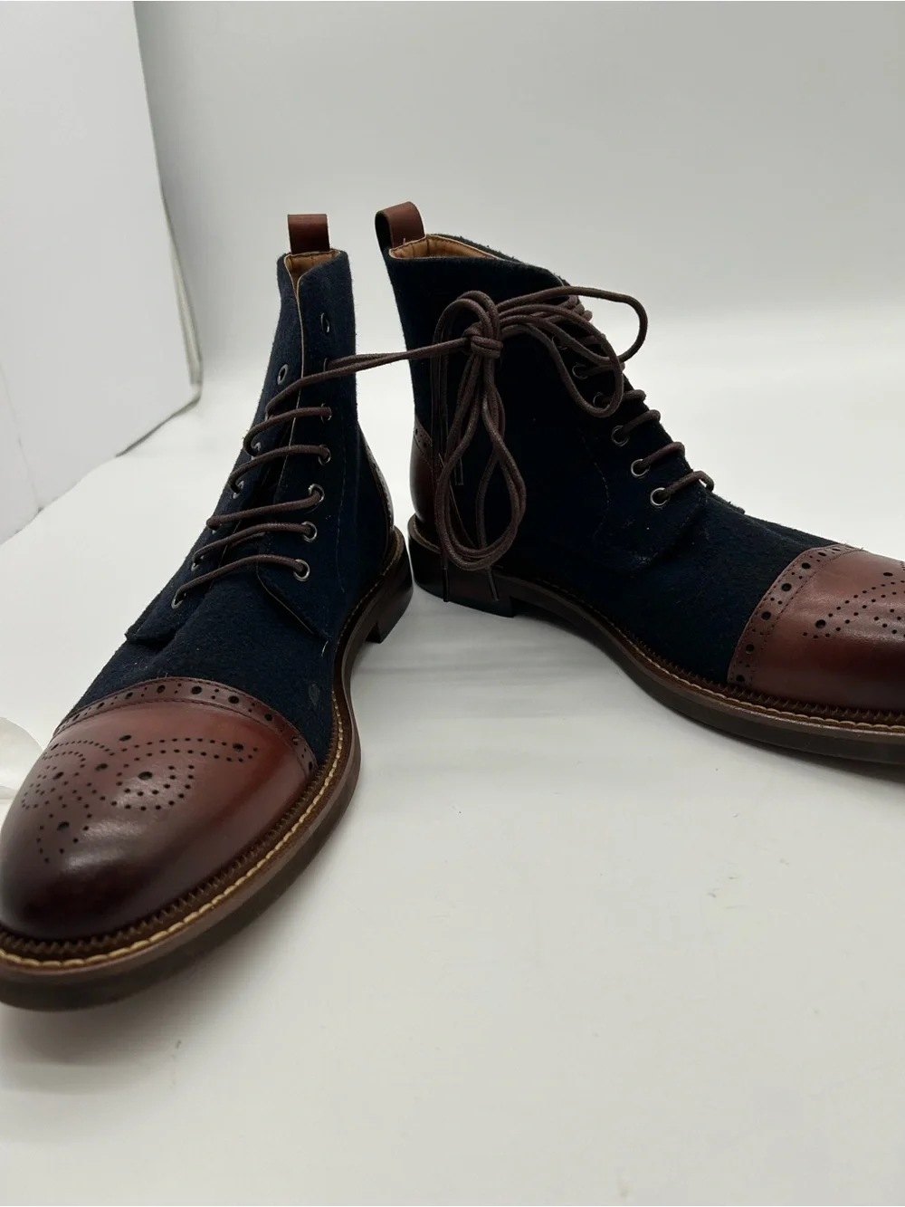 Men's Two-Tone Brogue Cap-Toe Boots - Navy and Brown